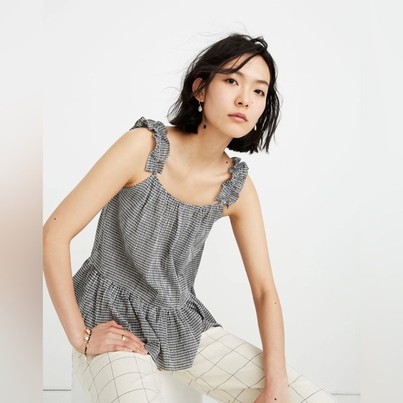 MADEWELL Ruffle Strap Cami Top in True Black Miniture Gingham - Picture 1 of 11